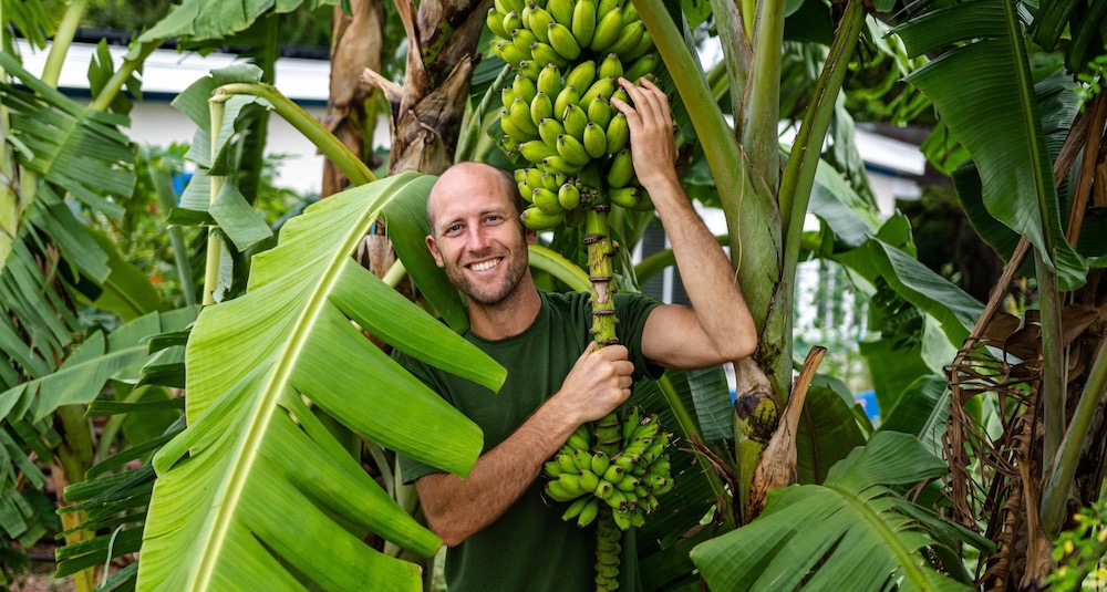 Robin Greenfield posing with a bunch of banana.